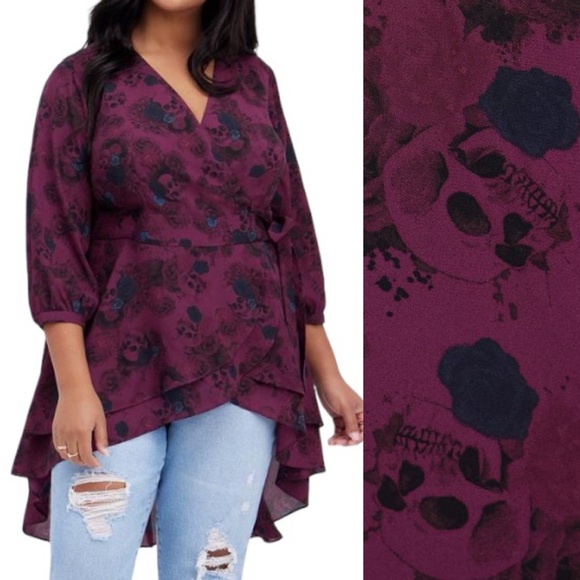 torrid Tops - Torrid Georgette Wrap Tunic Blouse Plum Purple Blue Skulls Hi-Lo Ruffle Floral